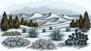 Blue spruce trees and wildflowers with Great Sand Dunes and mountains distant.