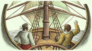 A wooden sailing vessel navigates the open sea toward distant shores.