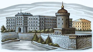 A fort overlooks a picturesque riverside park with a cascading fountain and historic theater