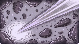 Bright comet with sweeping glowing tail passing near rocky asteroids against a starry backdrop.