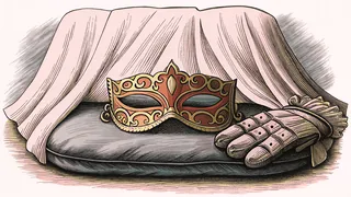 A jewelled mask and a clawed gauntlet resting on a dark velvet throne, in coral red.