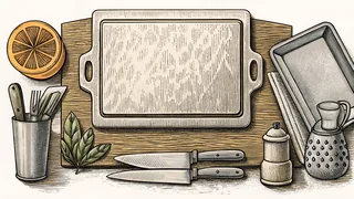 Professional cooking tools displayed on a kitchen counter.