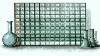 A periodic table chart glows on a laboratory wall surrounded by bubbling beakers and equipment.