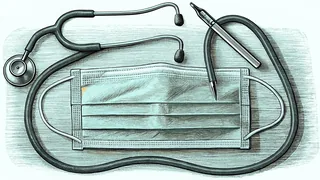 Medical equipment and protective gear in a clinical setting.