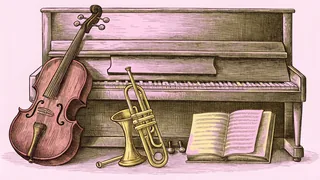 A cello, brass trumpet and wooden flute leaning against a piano stool.