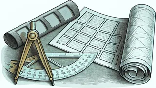 A protractor and compass rest near trigonometric diagrams of angles and triangles.