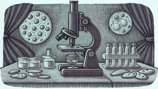 Medical laboratory setup with microscope, blood samples, and research equipment.