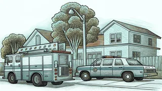 Emergency vehicles and service equipment on a street