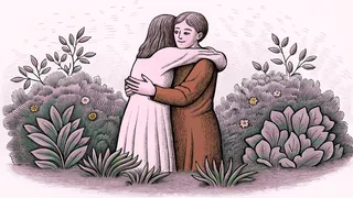 Two figures embracing with care and warmth, showing compassion and comfort between them