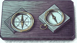 Geometric cubes and a brass compass suggest mathematical and algebraic concepts.