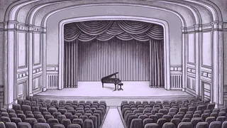 Concert grand piano with violin and trumpet on a stage.