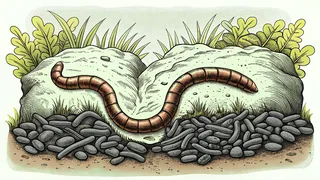 Earthworms burrowing through layers of dark compost and decomposed leaves.