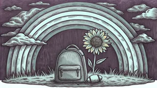 A backpack and a football rest beside a tall sunflower under a bright rainbow.