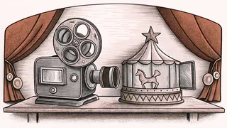 A film projector lens and music box with carousel horse figure arranged on a display shelf.