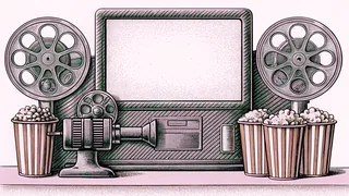 A film projector stands beside stacked reels and a striped popcorn machine on a vintage cinema counter.