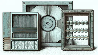 Vintage computer hardware spanning eras: floppy disk, punch card, vacuum tube.