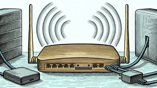 Computer networking equipment with a router, cables, and wireless signal waves.