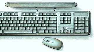 Computer hardware components arranged together—keyboard, mouse, monitor, cooling fan.