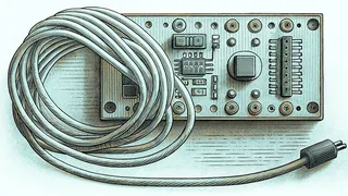 A green circuit board traced in copper, with a coiled cable and one small blinking light.