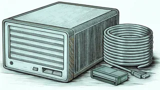 A vintage desktop computer with floppy disks and a coiled cable on a desk.
