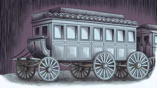 A restored Concord coach stands with period wooden carriages nearby.
