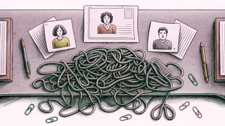 A chaotic desk overflowing with tangled yarn, scattered papers, and tipped objects.