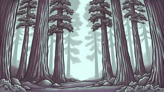 Tall evergreen pine and spruce trees create a dense, misty forest landscape.