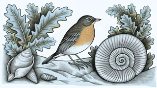 A robin on white oak branches with a nautilus shell and helicopter overhead.