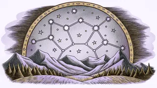 A starry night sky with constellation patterns mapped in white lines.