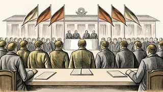 Showing delegates ratifying a charter, a historic signing ceremony depicts governance