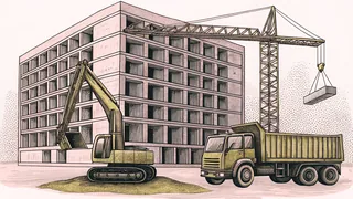 Heavy construction equipment including an excavator, crane, and dump truck on a work site.
