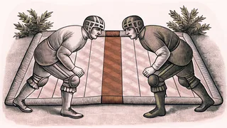 Two athletes face off on a padded mat wearing protective sports gear.