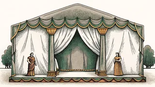 A shadowy throne room with ornate furnishings evokes the lives of controversial figures.