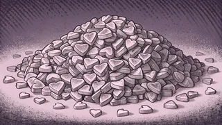 Pastel candy hearts tumble from a vintage cardboard box across pink tissue.