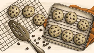Kitchen counter with cooling cookies on rack and chocolate chips.