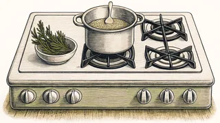 Cooking scene with simmering pot, whisking bowl, fresh herbs, and garnish.