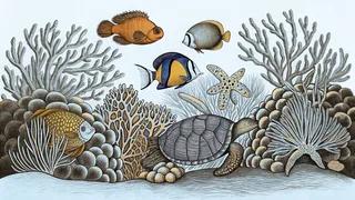 Colorful coral reef teeming with tropical fish and sea creatures among corals.
