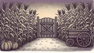 Winding corn maze with rows and farm wagon.
