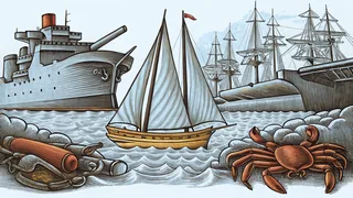 A coastal harbor scene with a historic warship and maritime activities.