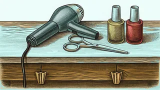 A blow dryer and a pair of scissors rest beside bottles of nail polish on a counter.