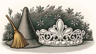 A collection of costume pieces arranged on a purple velvet surface.