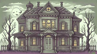 Carved pumpkins and cobwebs decorate a spooky house on Halloween night.
