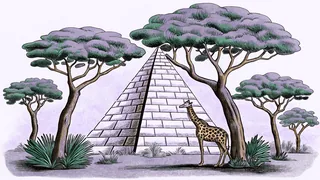 A stone pyramid stands beside acacia trees where a giraffe crosses the savanna.
