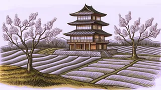A tiered pagoda overlooks terraced rice paddies beside blossoming cherry branches.