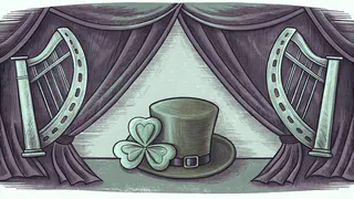 A shamrock sprig and green felt hat beside a brass harp and hanging bunting.