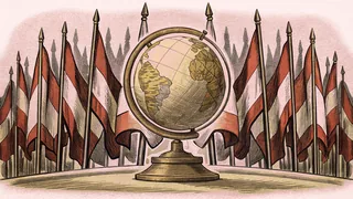 A globe encircled by flags from many nations representing worldwide celebration.