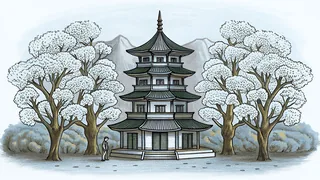 A jade pagoda rises among blooming cherry trees beneath misty mountains.