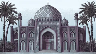 An ornate mosque overlooks a desert oasis lined with tall palm trees.