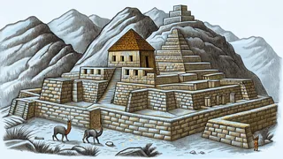 Weathered Incan stone structures crown misty mountains with llamas grazing nearby.