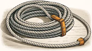 A coiled lariat rope cinched with two riveted leather keepers.